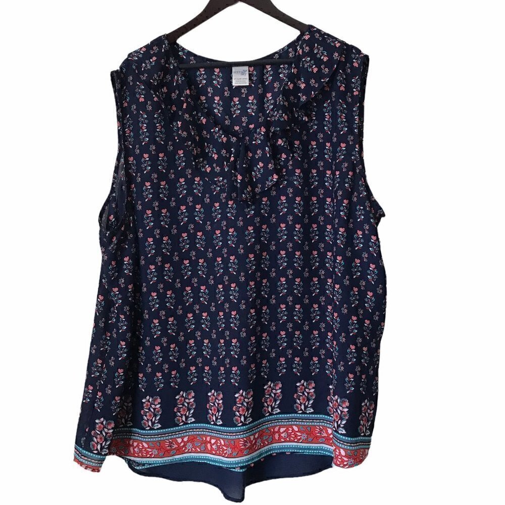 NWOT - TERRA & SKY Floral Sleeveless Ruffled  V-Neck  Semi Sheer Blouse
